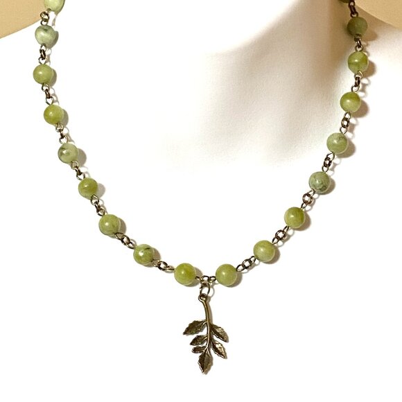 Natural Fern Green Serpentine Necklace, Bronze Leaf Branch + Genuine Gemstone - Picture 2 of 13